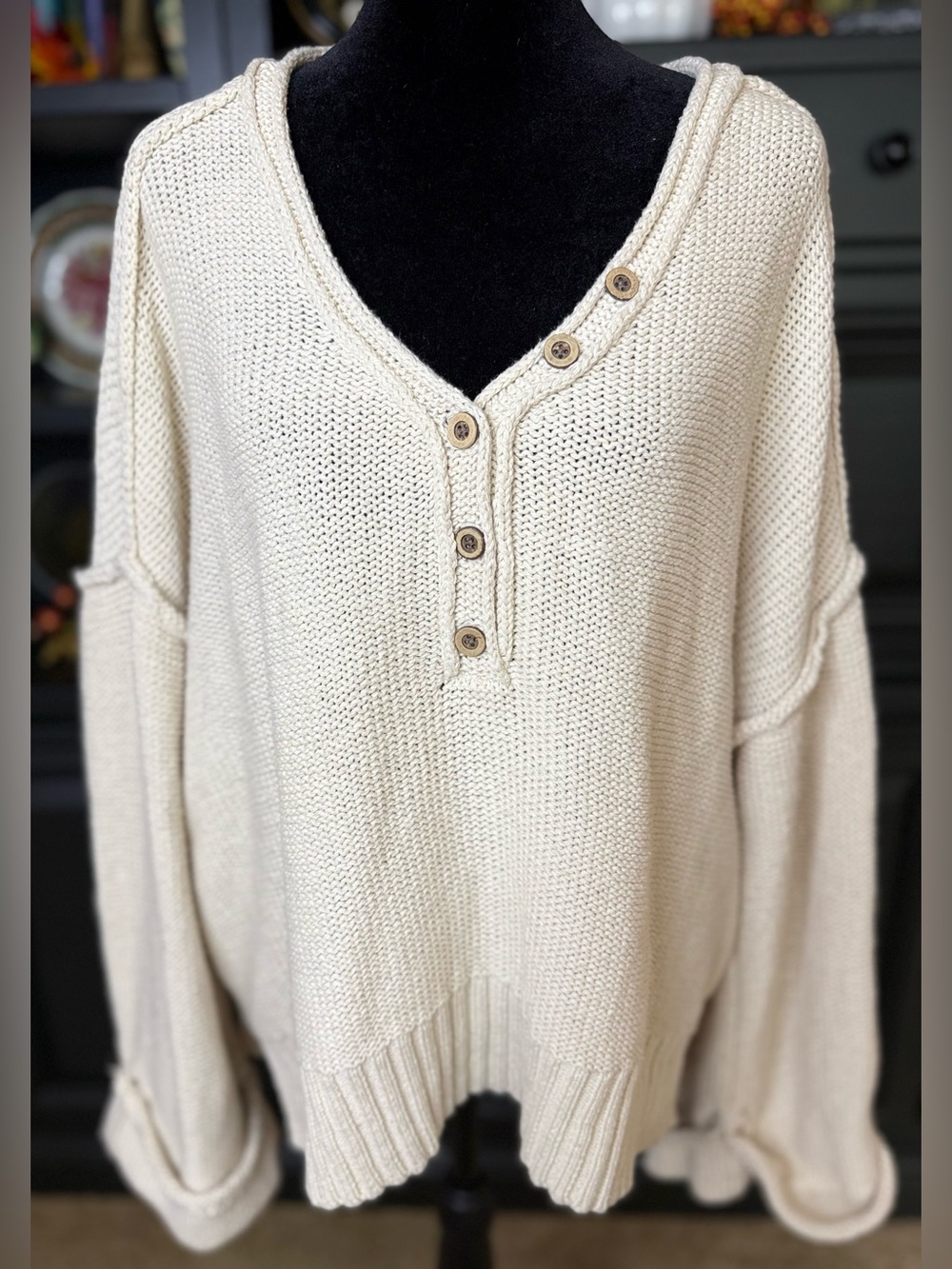 By Together classic Cotton oatmeal shaker sweater preppy cottagecore v neck Lrg